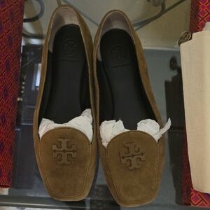 Tory Burch Brown Suede Logo Loafers